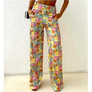 ZARA Floral Wide Leg Pants High Rise Flowy Women Sz S